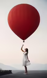 woman in a white dress holding onto a red balloon