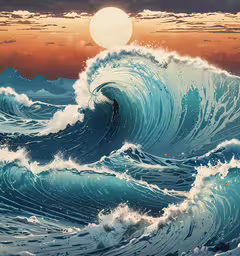 a painting of a wave in the ocean,waves in a sea at sunset with an orange sky