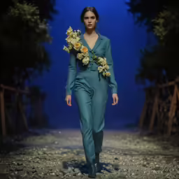 the young woman is walking down the catwalk