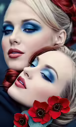 two women with bright blue eyeshades, flower necklaces and lipstick are posing for the camera
