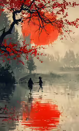 two people walk in the water in front of a forest, with red flowers