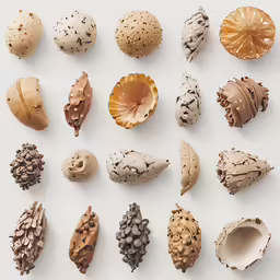 a group of different shells with various designs on them