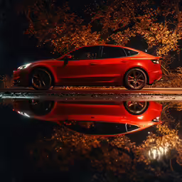 a red car sits in the middle of some water
