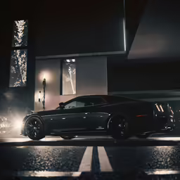 a black sports car parked on the street at night