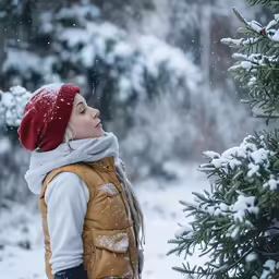a woman is walking through a snowy park
