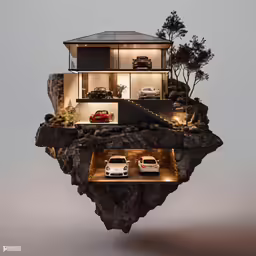 this is a very modern, futuristic house on top of a rock with a small car in the driveway below