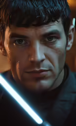 a man looks at the camera with light coming out of his eyes