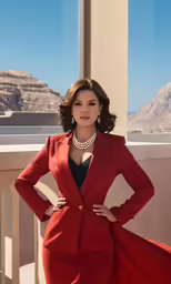 a woman in a red dress and a black tie