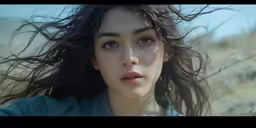the girl is looking into the camera while it blows in her hair