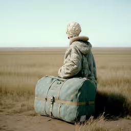 a woman sitting on top of a blue suitcase in the middle of a field,a woman sitting on top of a suitcase in the middle of a field