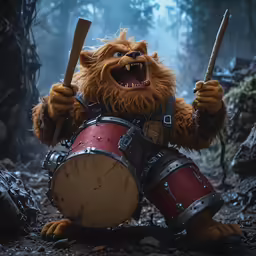 an evil animal holding two swords and drums