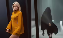 there is a woman standing next to a tall mirror