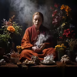 a person sits in front of an array of flowers and smoke