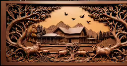 this is an artwork picture on wood carved into something that looks like a cabin,the carving of a lodge is beautiful in its woodwork