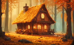 the house is in the middle of the forest,the small cottage is surrounded by trees and leaves