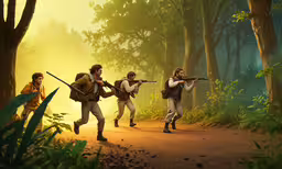 a group of men carrying guns through a forest,five men with guns walking through the woods