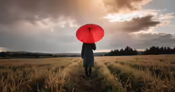 a person is standing in the middle of a field holding an umbrella