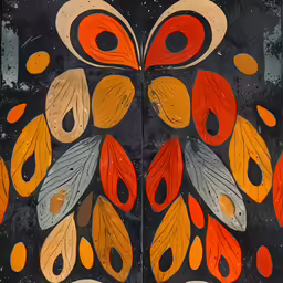 an orange, gray, and brown leaf painted onto a black surface