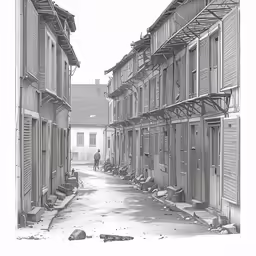 an old black and white photo of a narrow street
