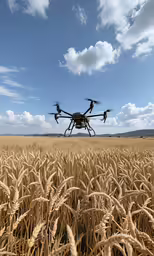 an unmanned flying in a wheat field next to a bunch of clouds