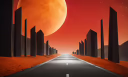 there is an orange moon on the horizon behind a line of black buildings