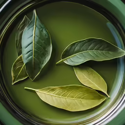 a plate topped with some leaves on a green surface