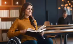 a woman in a wheel chair holding up an open book