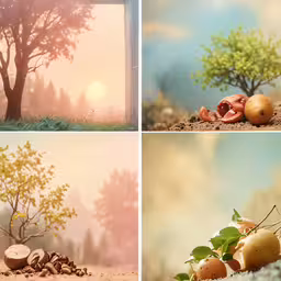 four different pictures with one showing a tree, the other of food and fruit,a series of pictures of various stages of growing fruit