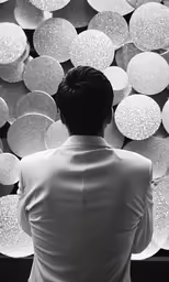 the back of a man in white suit with abstract background