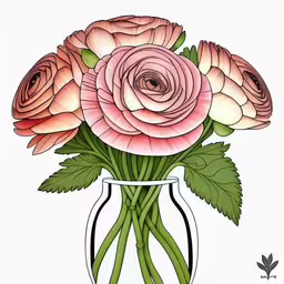 painting flowers in a vase in the process of being drawn,a drawing of pink roses in a vase,pink roses are sitting in a clear vase,some flowers are in a vase on the table,a vase of pink roses on a white background,,