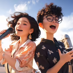 two women holding microphones with one standing next to the other