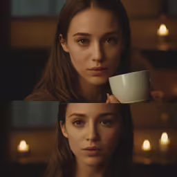 a woman holding up a cup in front of her face