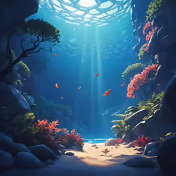 a underwater scene with sunlight streaming through the water
