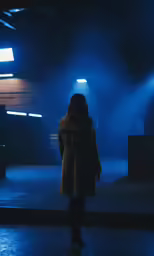the woman in the coat stands on a stage