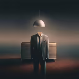 a mannequin dressed with a suit stands between two boxes