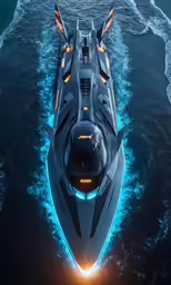 an aerial view of a luxury motor yacht sailing in the ocean