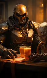 an image of an armored man drinking a beer