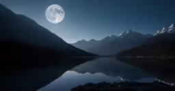 the full moon rises above some mountains and a mountain lake