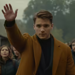 there is a man with a hand up