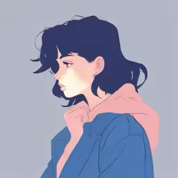 an anime girl in blue shirt looking away