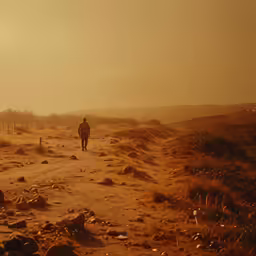 a man walking down a dirt road at sunset