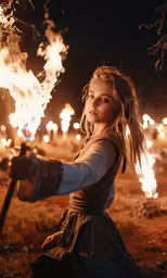 young girl holding a fire staff during outdoor performance