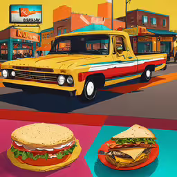 a yellow truck is shown near a hamburger,an image of a car, a sandwich and a burger on the street