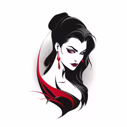 a woman with red earrings on her neck and black hair,a woman with red eyes is on the white background