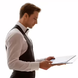 a man in vest reading a white paper