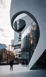 two people in black jackets standing in front of a curved glass building
