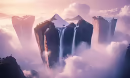 an uplift waterfall stands above dense clouds