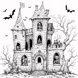 a halloween castle coloring page for adults with bats
