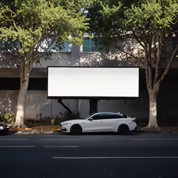 a white car is parked near the road with a large billboard on it