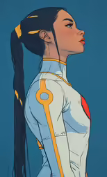 a person wearing a uniform and ponytails, looks up to her left